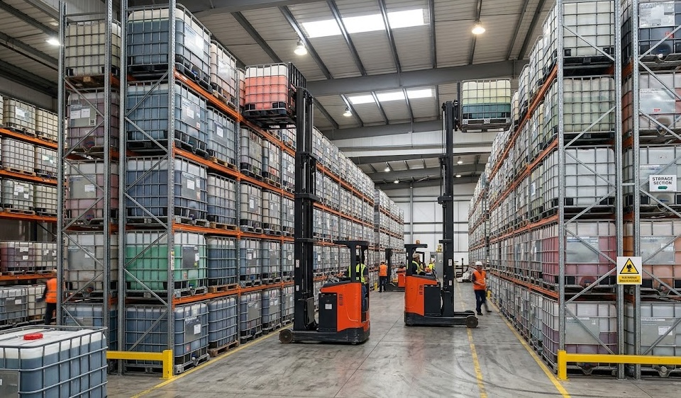 High-rack warehouse with forklifts moving IBC totes between aisles