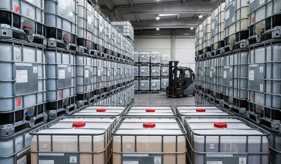 Rows of stacked IBC totes in warehouse aisle
