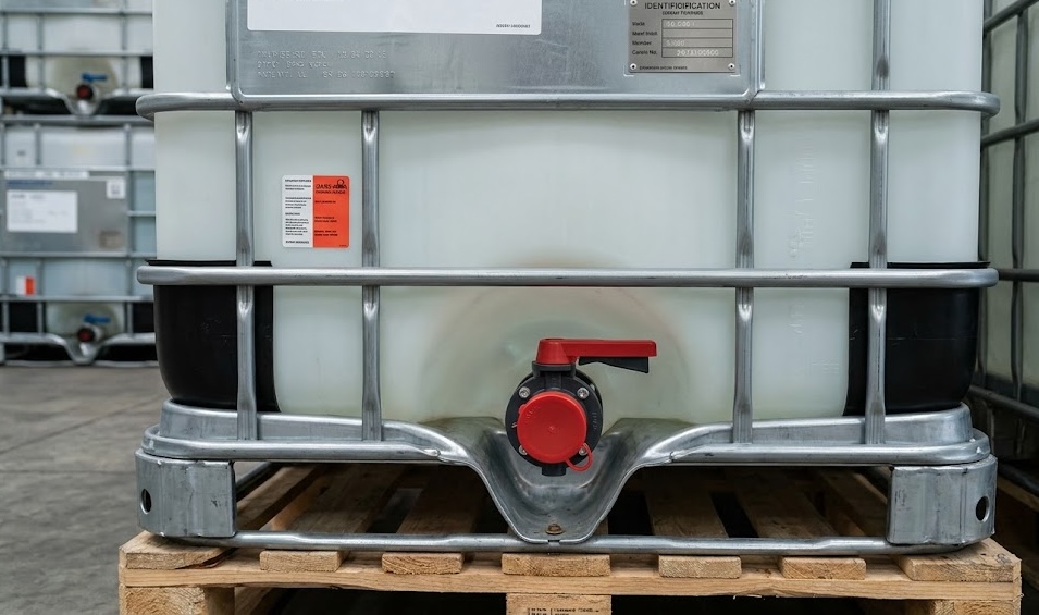 Close-up of IBC tote bottom valve, cage base, and pallet detail