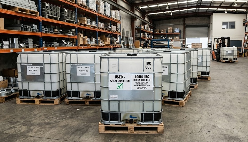 Reconditioned IBC totes labeled Used - Great Condition, cleaned and ready for dispatch